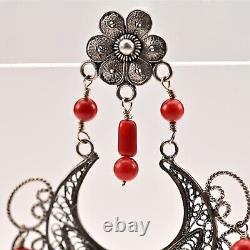 FEDERICO JIMENEZ Vintage Sterling Silver Coral Oaxaca Filigree Estate Earrings