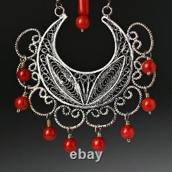 FEDERICO JIMENEZ Vintage Sterling Silver Coral Oaxaca Filigree Estate Earrings