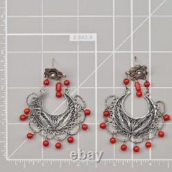 FEDERICO JIMENEZ Vintage Sterling Silver Coral Oaxaca Filigree Estate Earrings