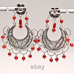 FEDERICO JIMENEZ Vintage Sterling Silver Coral Oaxaca Filigree Estate Earrings