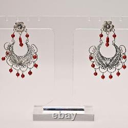 FEDERICO JIMENEZ Vintage Sterling Silver Coral Oaxaca Filigree Estate Earrings