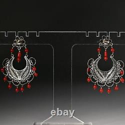 FEDERICO JIMENEZ Vintage Sterling Silver Coral Oaxaca Filigree Estate Earrings