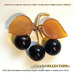 Genuine AMBER/ Handmade Baltic Amber VINTAGE Brooch CHERRIES USSR, circa 1950s