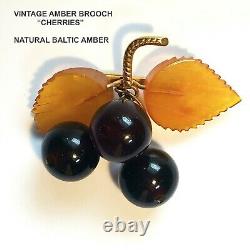 Genuine AMBER/ Handmade Baltic Amber VINTAGE Brooch CHERRIES USSR, circa 1950s