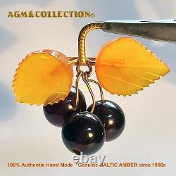 Genuine AMBER/ Handmade Baltic Amber VINTAGE Brooch CHERRIES USSR, circa 1950s