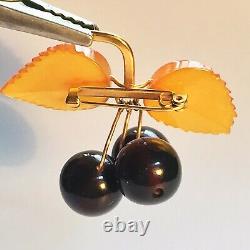 Genuine AMBER/ Handmade Baltic Amber VINTAGE Brooch CHERRIES USSR, circa 1950s