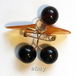 Genuine AMBER/ Handmade Baltic Amber VINTAGE Brooch CHERRIES USSR, circa 1950s