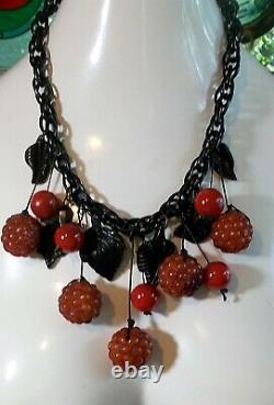 Genuine Antique Cherry Bakelite Necklace Amber Cherry Raspberries Black Leaves