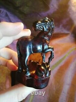 Hand Carved Chinese Republic Pressed Cherry Amber Horse on Stand