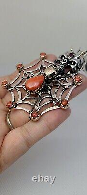 Handmade 14k Gold Coral Spider Web Skull Pendant signed Ghassan