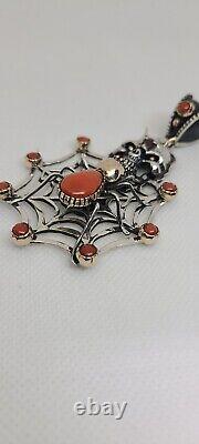 Handmade 14k Gold Coral Spider Web Skull Pendant signed Ghassan