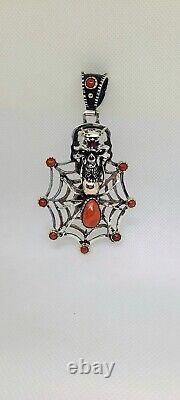 Handmade 14k Gold Coral Spider Web Skull Pendant signed Ghassan