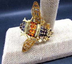 Joan Rivers Large Crystal Enamel Fiigree Antiqued Bumble Bee Pin Brooch Nib