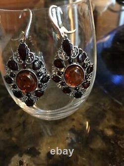LARGE Sterling Silver Baltic Amber Dangle Drop Earrings Lever back Cognac Cherry