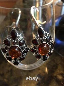 LARGE Sterling Silver Baltic Amber Dangle Drop Earrings Lever back Cognac Cherry