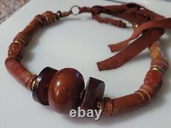 Large Carved Faces Tibetan Antique Bead Vintage Necklace Stone Resin Amber