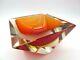 Large Geometric Shaped Murano Sommerso Red & Amber Faceted Art Glass Block Bowl