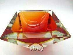 Large geometric shaped Murano sommerso red & amber faceted art glass block bowl