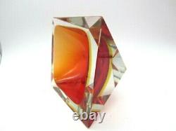 Large geometric shaped Murano sommerso red & amber faceted art glass block bowl