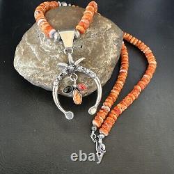 Mens Red Spiny Oyster Naja Pendant Navajo Sterling Silver Necklace 23 17660