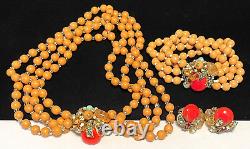 Miriam Haskell Signed Set 1950's Gilt Red Orange Glass R/S 3pc Parure A17