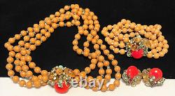 Miriam Haskell Signed Set 1950's Gilt Red Orange Glass R/S 3pc Parure A17