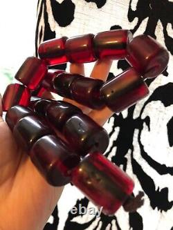 OLD ANTIQUE NECKLACE CHERRY AMBER FATURAN PLASTIC PRAYER BEADS ROSARY 214g