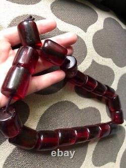 OLD ANTIQUE NECKLACE CHERRY AMBER FATURAN PLASTIC PRAYER BEADS ROSARY 214g