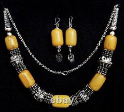 Old Amber Stone Yemenite Yemeni Beads Necklace Earrings Yemen Silver Jewelry