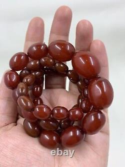 Old Antique Cloudy Cherry Amber Necklace With Olive Shaped Beads 51 Grams