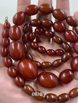 Old Antique Cloudy Cherry Amber Necklace With Olive Shaped Beads 51 Grams
