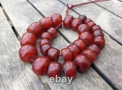 Old Cherry Amber Bakelite Faturan Art Deco Graduated Veins Beads Necklace 63gram