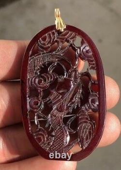 Old Chinese 14k Gold Red Cherry Amber Bakelite Carved Dragon Pierced Pendant