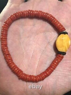 Old Natural Undyed Blood Red Coral Bracelet And National Baltic Amber
