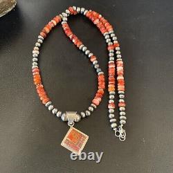 Opal & Spiny Oyster Inlay Pendant Navajo Pearls Sterling Silver Necklace 12722