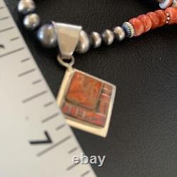 Opal & Spiny Oyster Inlay Pendant Navajo Pearls Sterling Silver Necklace 12722