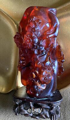 Oriental Cherry Amber Rare Carving Samurai Warrior /horse Cherry Blossom Garden