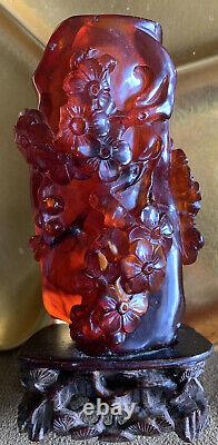 Oriental Cherry Amber Rare Carving Samurai Warrior /horse Cherry Blossom Garden