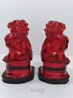 Pair Hand Carved Antique Chinese Cherry Amber Foo Dog Dogs Late Qing Dynasty Era