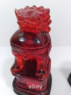 Pair Hand Carved Antique Chinese Cherry Amber Foo Dog Dogs Late Qing Dynasty Era