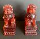 Pair Of Antique Chinese Carved Amber Foo Dog Figurines 6.5