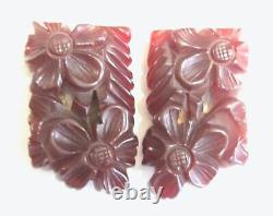 Pair Set 2 Cherry Amber Vintage Antique Deep Carved Bakelite Floral Dress Clips