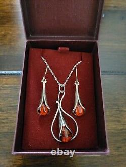 Past Times Vintage Art Nouveau Lily Amber Sterling Silver Earring Necklace Set