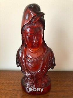 Qing Dynasty Antique Fine Chinese Carved Cherry Color Amber Guanyin