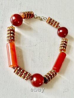 RARE Vintage Art Deco Lg Amber Barrel/Red Round BAKELITE Bead Statement Necklace