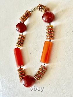RARE Vintage Art Deco Lg Amber Barrel/Red Round BAKELITE Bead Statement Necklace