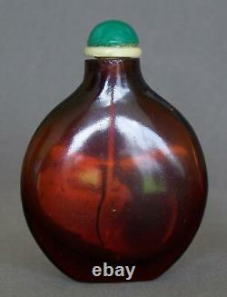 Rare 18th century Chinese Red-amber Crizzled Glass Snuff Bottle with wood stand