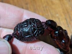 Rare Antique Chinese Carved Cherry Amber Buddha Head 40 Bead Necklace Signed