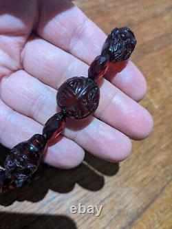 Rare Antique Chinese Carved Cherry Amber Buddha Head 40 Bead Necklace Signed