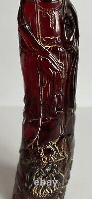 Rare Antique Chinese Carved Cherry Amber Statue Guan Yin Goddess With Dragon 12